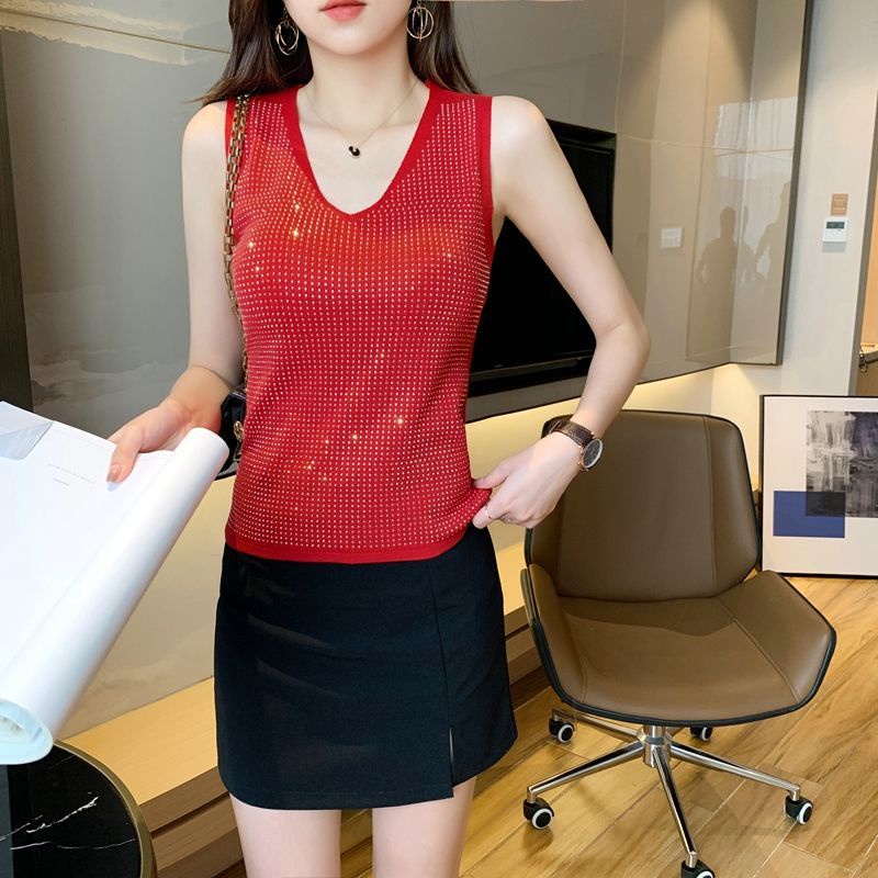 Áo Dệt Kim Sát Nách Cổ Chữ V Đính Kim Cương Giả Thời Trang Mùa Hè Cho Nữ 45%