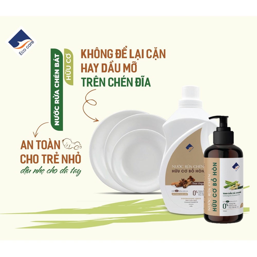 Nước Rửa Chén Bồ Hòn Hữu Cơ ECOCARE 500ml - Sạch dầu mỡ, tinh dầu khử mùi, tiết kiệm 30% nước