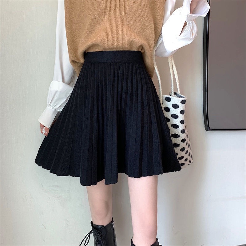 Chân váy Len Ngắn Xếp ly Dáng chữ A Lưng cao Màu trơn Ulzzang Hàn Quốc Chân váy Len Ngắn Cạp cao Thu Đông