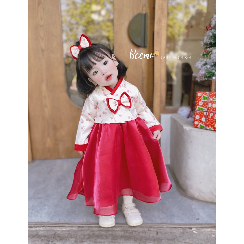 Áo dài hanbok hoa cho bé gái Beemo,Chất liệu siêu cấp với sự kết hợp của áo tafta và váy tơ mềm mại B254