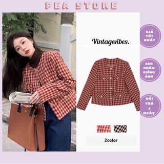 Áo dạ tweed kẻ Gingham Hàn Quốc cúc đồng Pea Store - Áo dạ dáng ngắn túi nắp Hàn Quốc