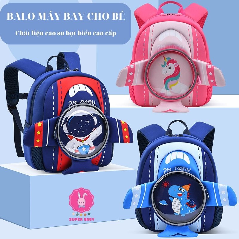 Balo trẻ em, cặp sách cho bé trai bé gái đi học mẫu giáo mầm non hình máy bay chất liệu bọt biển cao cấp Super Baby 2022