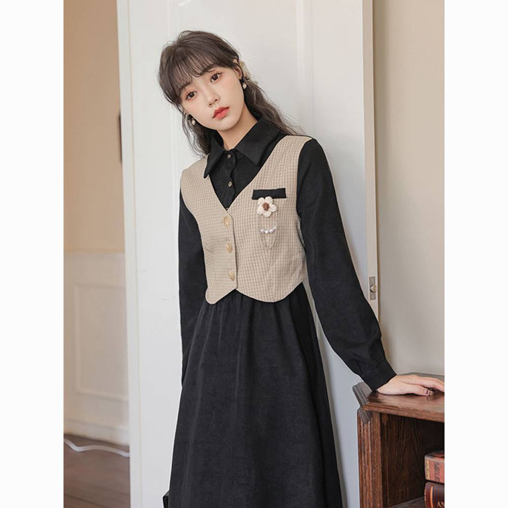 🎀váy mùa đông đầm babydoll váy babydoll Đầm Nữ Tay Dài Giả Hai Lớp Phong Cách Hàn Quốc Cổ Điển