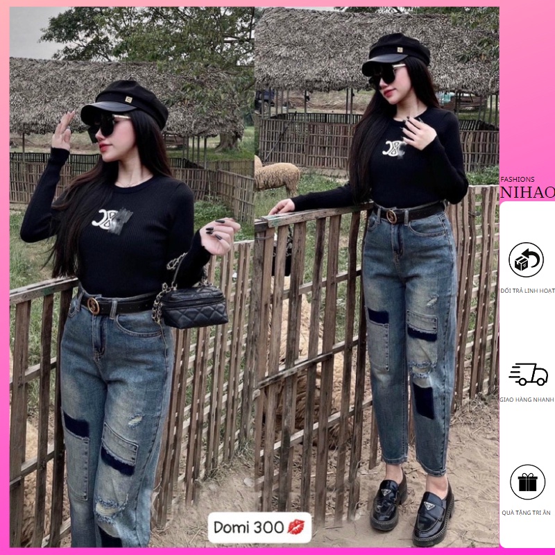 Quần jeans nữ lưng cao ống nhỏ Nihao chất jeans mềm mại 2 màu , mẫu quần vá rách cá tính phong cách 299