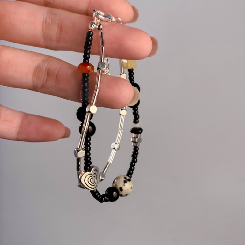 Vòng Tay Hai Lớp Xỏ Hạt Đen Nhẹ Nhàng Phong Cách Hàn Quốc Cổ Điển niche Thiết Kế Tinh Tế