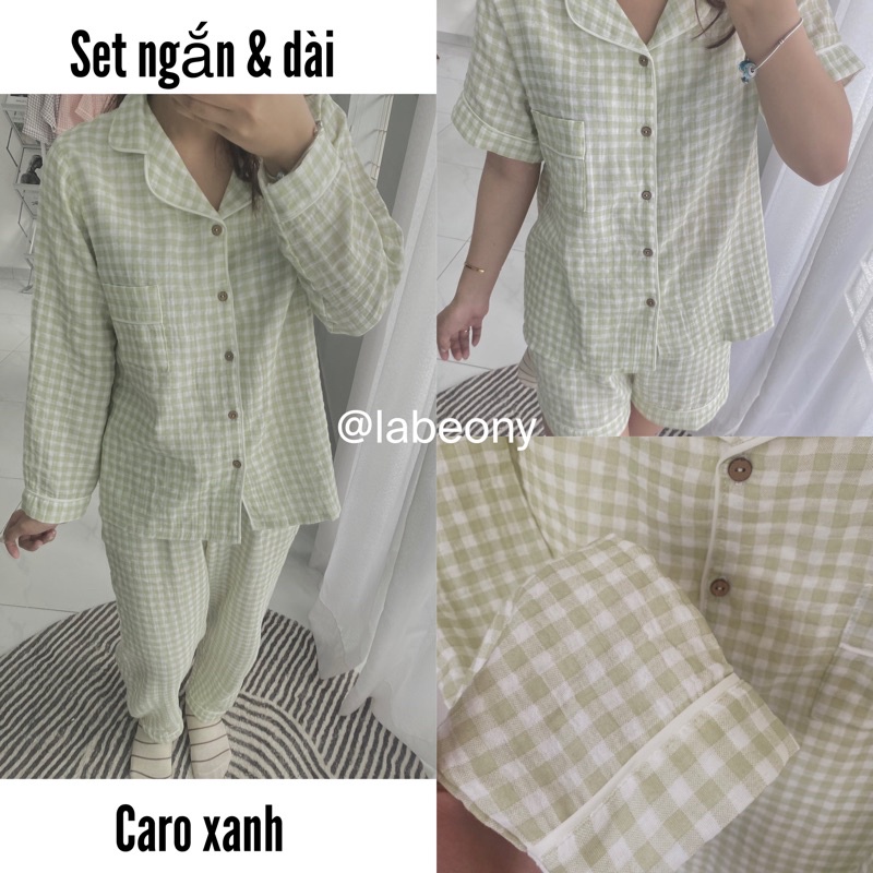 Đồ bộ nữ mặc nhà Pyjama caro ngắn dài muslin Hàn Labeony