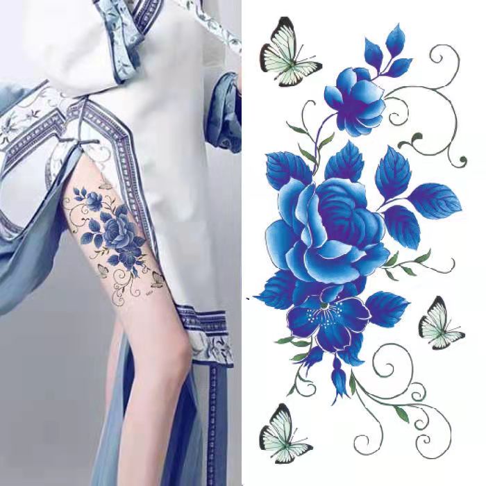 Hình Xăm Dán Tạm Thời Chống Thấm Nước Che Phủ Vết Sẹo Lâu Trôi Hình Hoa Hồng Và Bướm Xanh