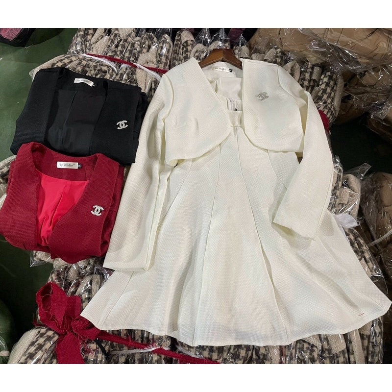 SET VÁY DẠ DÁNG XOÈ KÈM KHOÁC CROPTOP GHIM CÀI SVDDXK