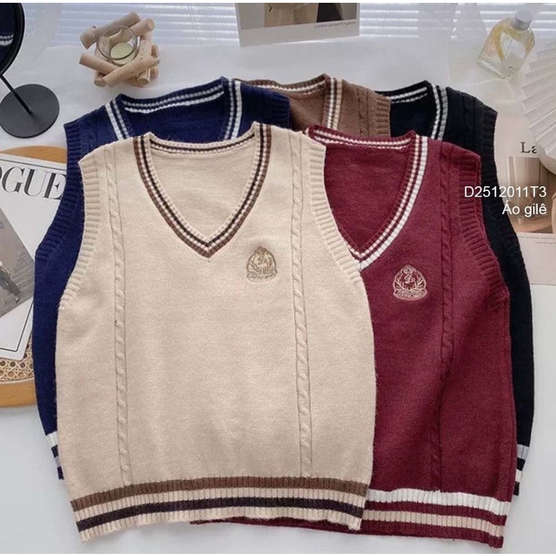 Áo gilê len viền xinh ngực thêu logo cổ tim hàng QC ST2512