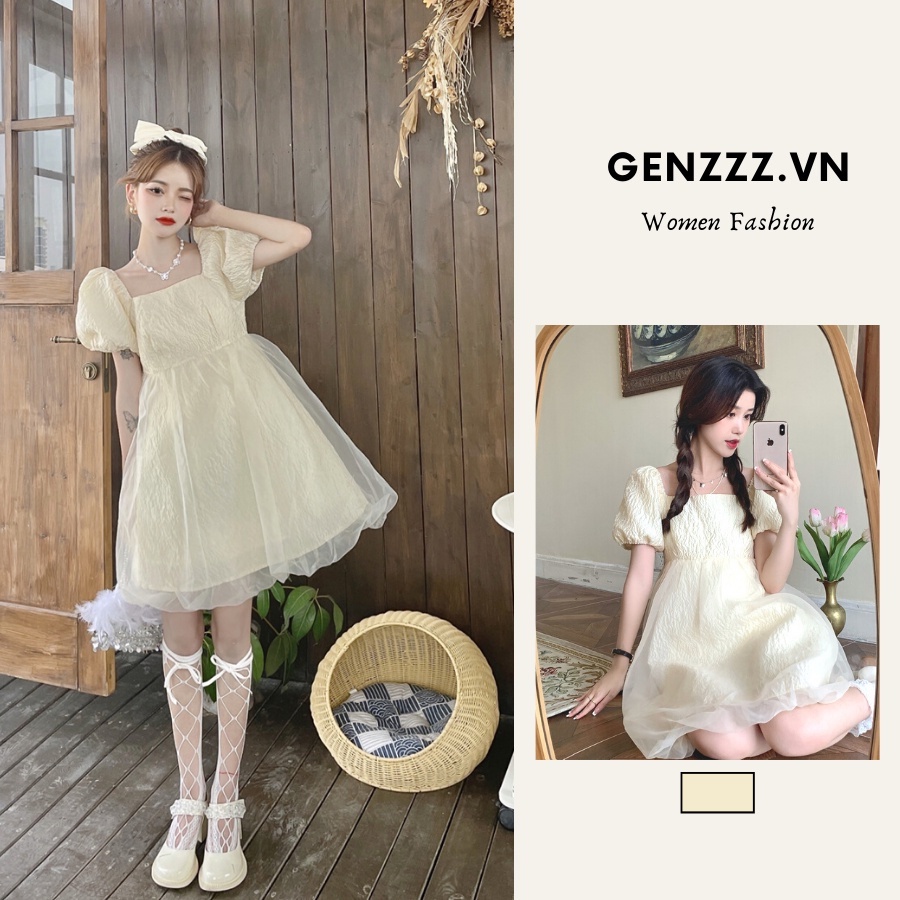 Đầm công chúa màu be tôn da, tay phồng đáng yêu, cute phù hợp với các cô nàng ngọt ngào, dễ thương
