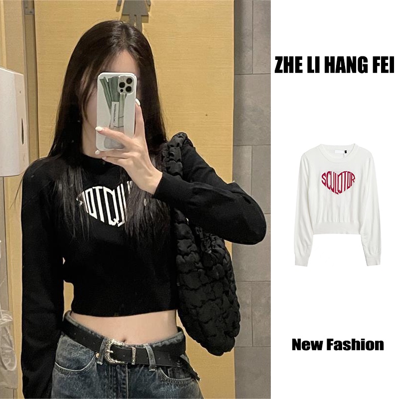 Áo sweater ZHELIHANGFEI tay dài hở eo in chữ thời trang quyến rũ cho nữ