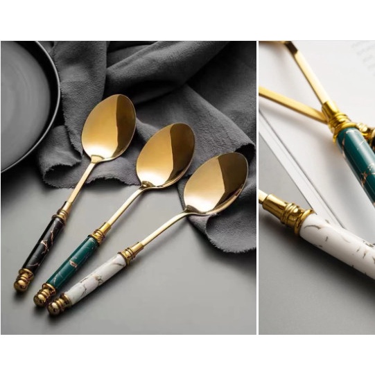 Sét 6 thìa dĩa ăn mạ vàng sang trọng cán cầm sứ cẩm thạch trang trí bàn ăn gia đình, nhà hàng phong cách hiện đại