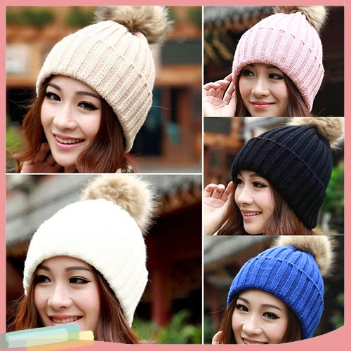 Mũ trùm đầu chất liệu len màu trơn trang trí bóng lông xinh xắn cho nữ