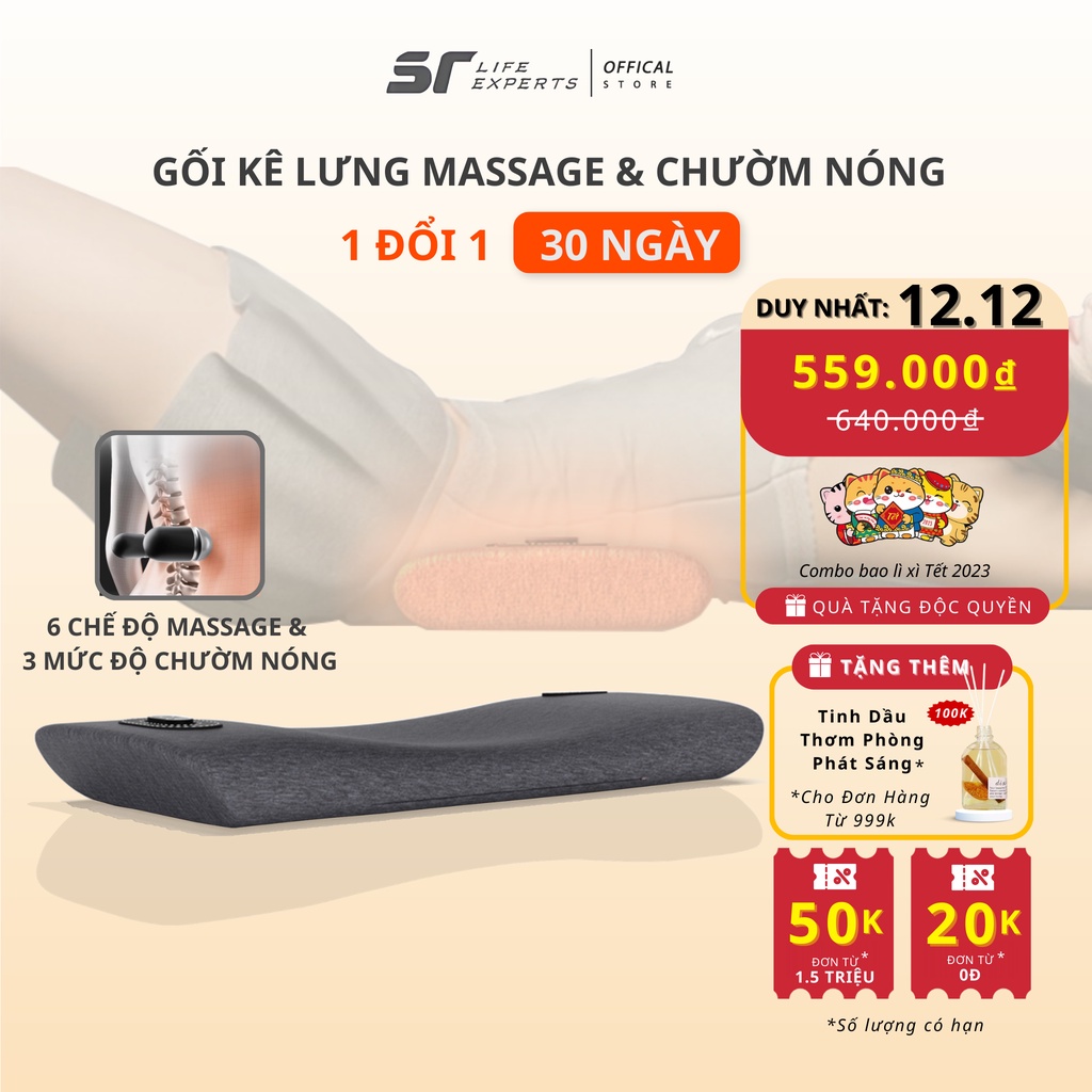 Gối Kê Lưng Tích Hợp Massage Chườm Nóng, Đệm Lưng Chống Đau Lưng, Thoát Vị Đĩa Đệm, Giảm Đau Cột Sống - Sairui