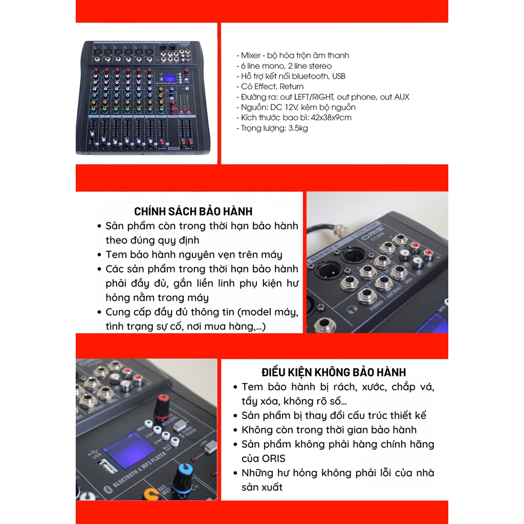 Mixer karaoke bluetooth 6 line Oris CT-60S hàng chính hãng, giúp nhận diện và xử lý âm thanh chuyên nghiệp