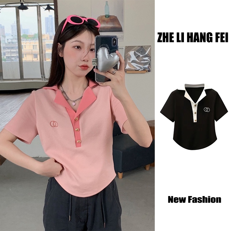 Áo thun ZHELIHANGFEI dệt kim cổ polo tay ngắn phong cách xinh xắn trẻ trung