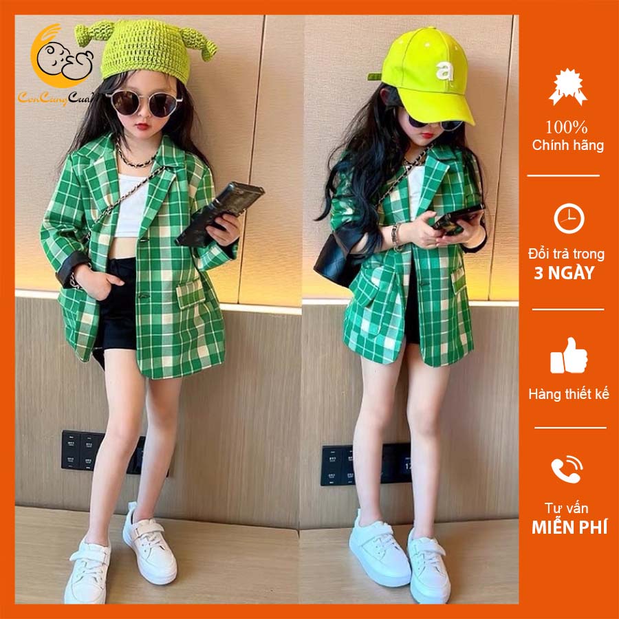 Áo khoác bé gái thu đông kẻ caro xanh lá 1-13t