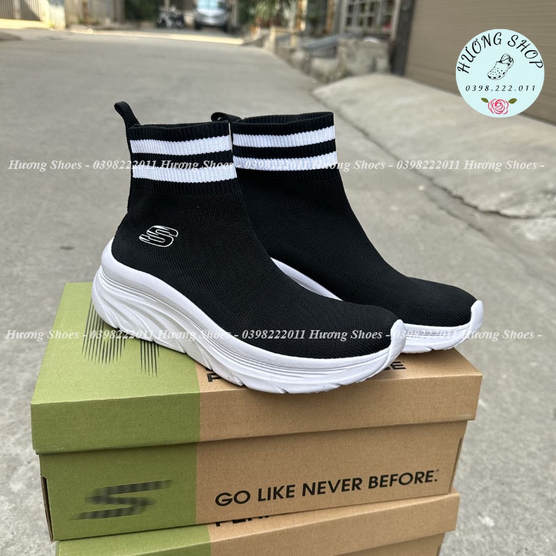 Giày Skechers Cổ Cao Viền Kẻ Đen Trắng êm nhẹ, dáng slipon đi siêu thích cho nữ