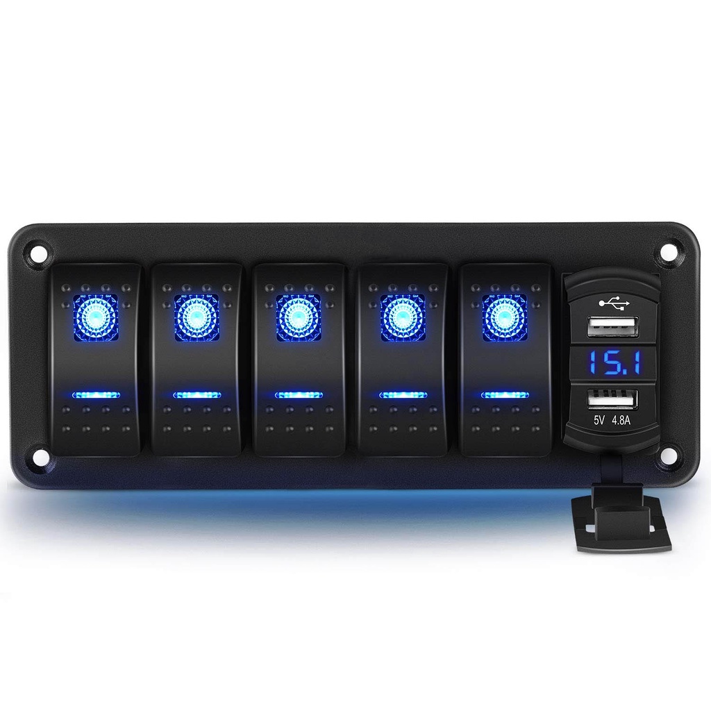Bảng Điều Khiển Công Tắc Bật / Tắt 5 Gang Với Bộ Sạc USB Kép 4.8 Amp Chống Nước 12V 24V DC Phát Sáng Ban Đêm Dán Xe Hơi / Tà