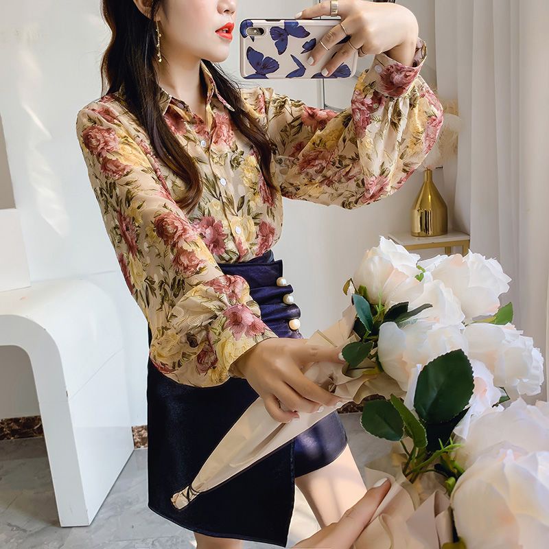 Áo Sơ Mi Chiffon Tay Dài Dáng Rộng In Họa Tiết Hoa Thời Trang Cho Nữ