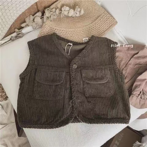 Áo Vest Nhung Phối Túi Phong Cách Retro Thời Trang Xuân Thu Cho Bé