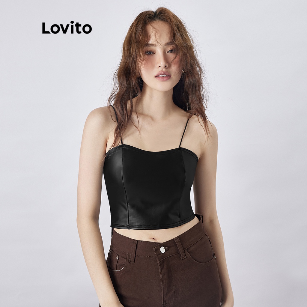 19de-Lovito Bình thường Dây treo bằng da Phụ nữ Áo tăng L36AD060 (Đen)