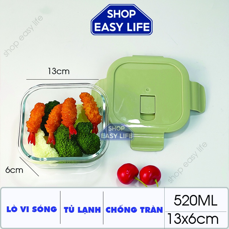 Hộp đựng thức ăn thủy tinh chịu nhiệt, chống tràn dung tích 520ml, dùng được lò vi sóng