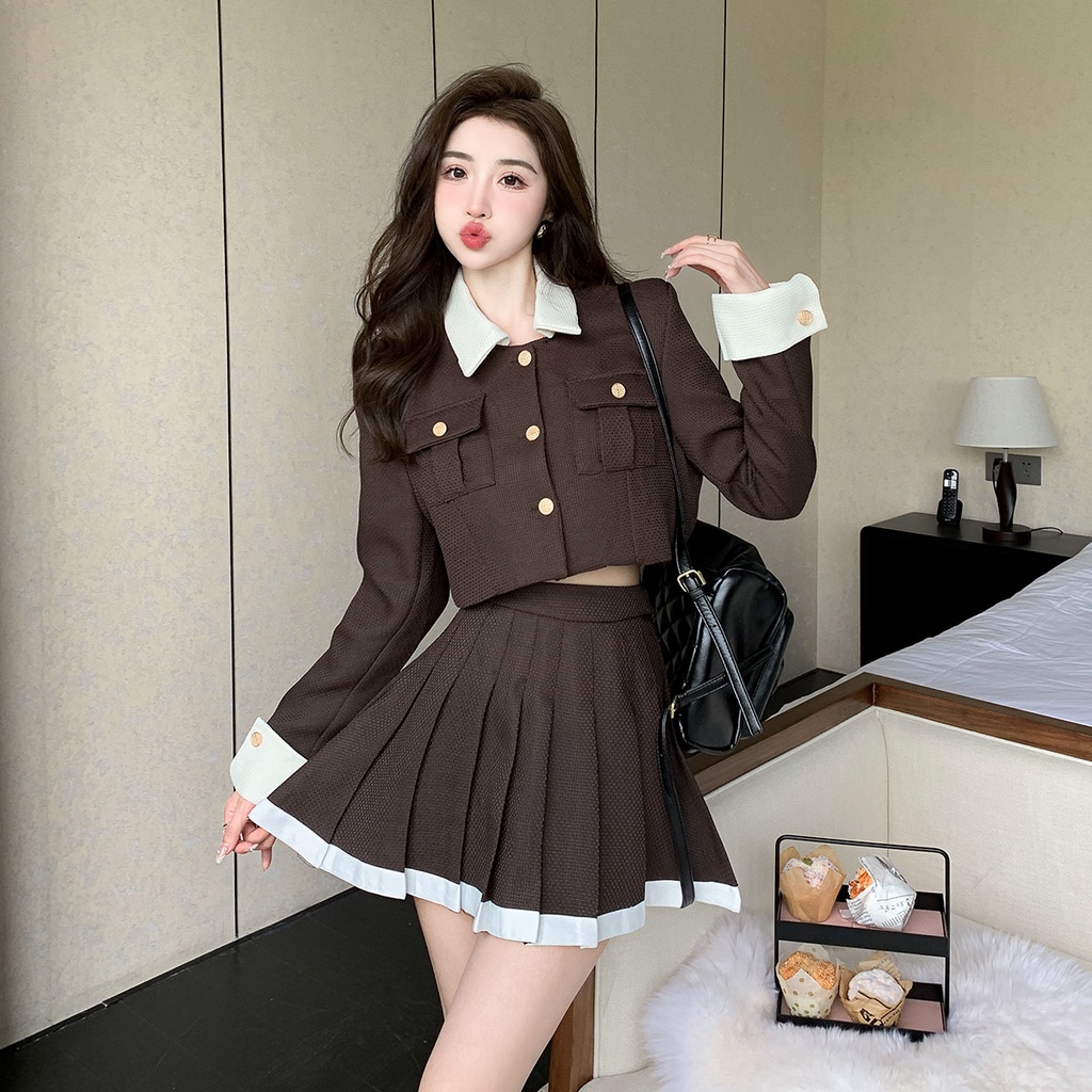 Set Áo Khoác Tay Dài + Chân Váy Xếp Ly Lưng Cao Thời Trang Thu Đông Cho Nữ