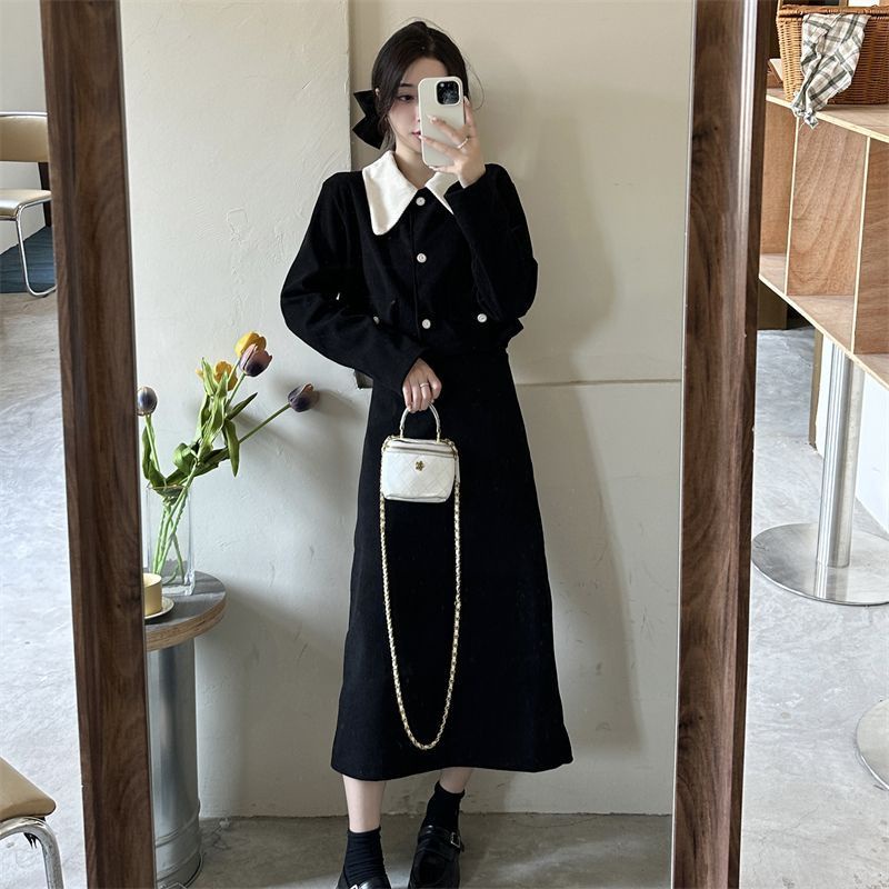 Bộ Áo Khoác Tay Dài Cổ Búp Bê + Chân Váy Dài Thời Trang Thu Đông Cho Nữ