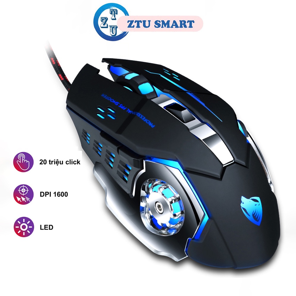 Chuột có dây gaming ZTU Smart V6 Led Tự động đổi màu sắc, Chuột chơi game 6 Nút Bấm DPI 3600