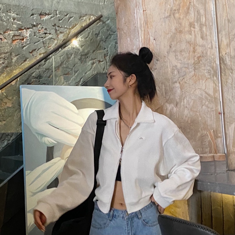 IELGY IELGY Áo Khoác Tay Dài Có Khóa Kéo Đôi Phong Cách Hàn Quốc Thời Trang Cho Nữ