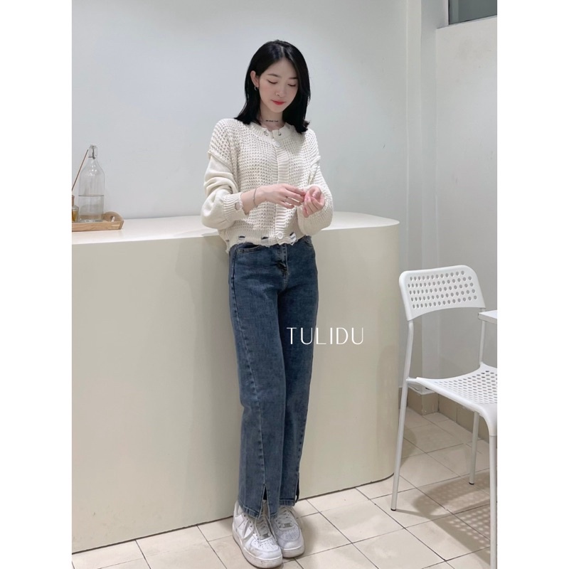 Quần Jean Ống Đứng TULIDU Xẻ Gấu Giữa Thời Trang Chất Cotton Co Giãn Mềm Mịn