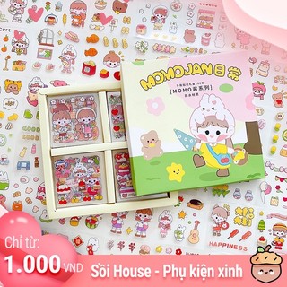 Sticker 100 tấm dán Cô Gái Và Gấu hoạt hình trang trí sổ lưu niệm dễ thương