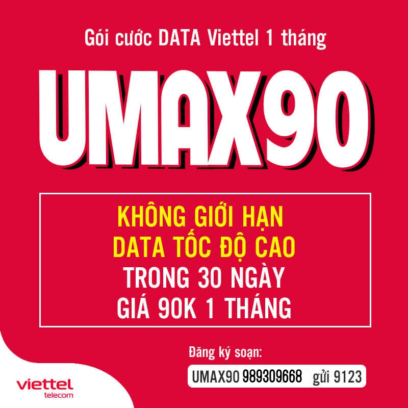 Sim 4G Viettel UMax90 tỷ GB data - không giới hạn data tốc độ cao 4G/5G