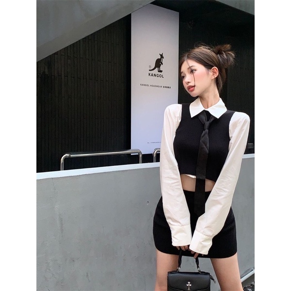 Set 3 Món Áo Sơ Mi Trắng Croptop & Áo Len Sát Nách Hở Lưng & Chân Váy Ngắn Ôm Kèm Cà Vạt
