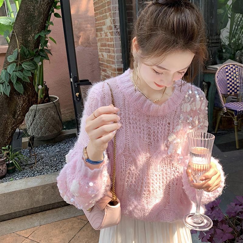 áo len nữ croptop form rộng tăm cộc tay trễ vai mỏng cổ lọ áo khoác carigan thom browne local brand ngắn tay dày hàn quốc thừng Áo Sweater Dệt Kim Khoét Lỗ Đính Kim Sa Màu Hồng Phong Cách Nhẹ Nhàng Thanh Lịch Kiểu Mới Cho Nữ