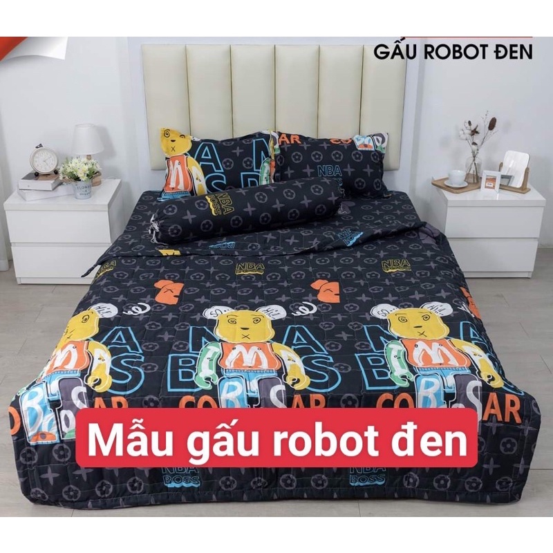Bộ Ga Gối trải giường cotton poly kích thước 1m/1m2x2m drap giường hàn quốc - MẪU GẤU ROBOT ĐEN
