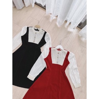 Đầm nhung phối ren ngực