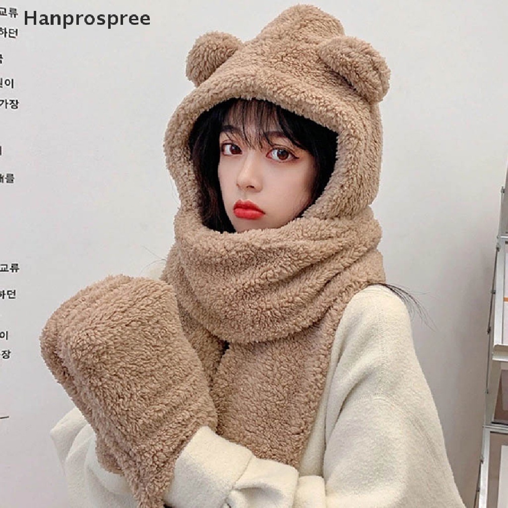 Hanprospree > Set Mũ Beanie Và Khăn Choàng Cổ Tai Gấu Bằng Vải Lông Cừu Màu Trơn Ấm Áp Mùa Đông Giản Dị Dành Cho Bạn Nữ