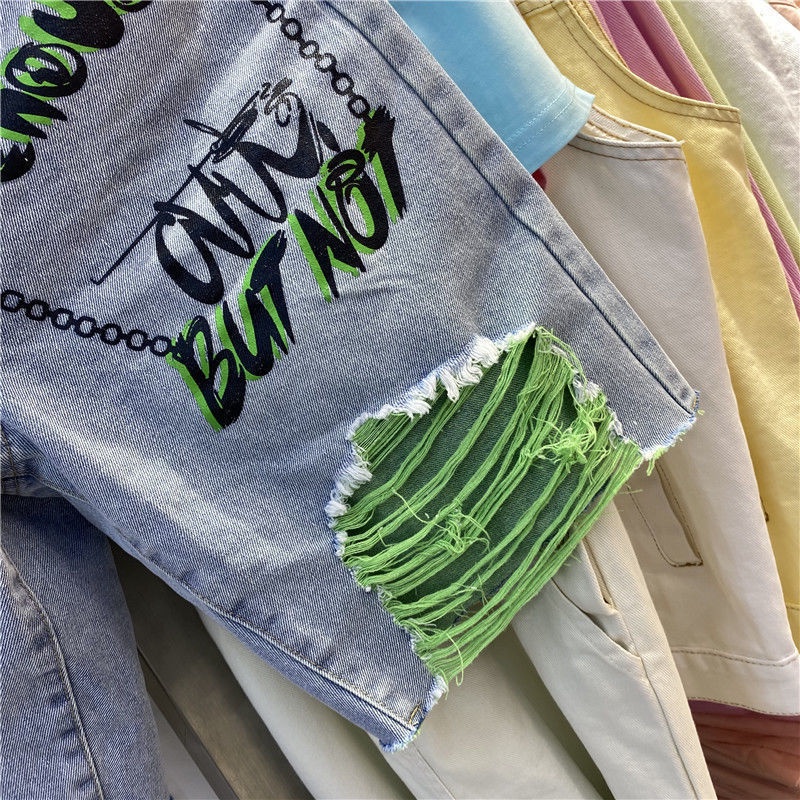 Jiashucheng Quần Short Jean Lưng Cao Ống Rộng Rách Gối 2 Kiểu Mẫu Mới Thời Trang Mùa Hè Cho Nữ