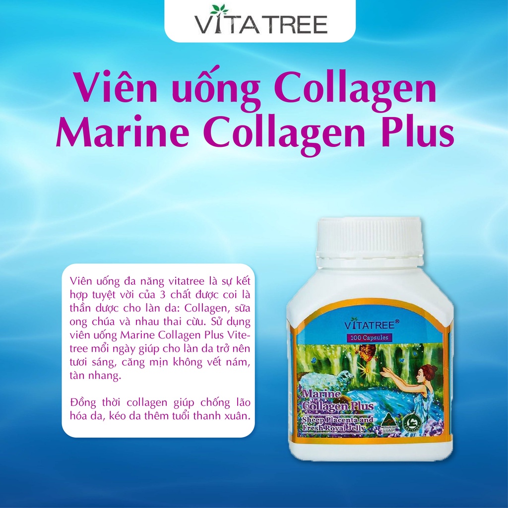 Combo 2 hộp viên uống bổ sung collagen Vitatree marine collagen plus 100 viên giúp trẻ hoá làn da