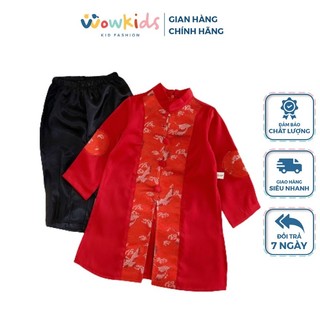 Set áo dài cho bé trai wowkids họa tiết hạctruyền thống, chất liệu lụa phối gấm cao cấp mềm mại