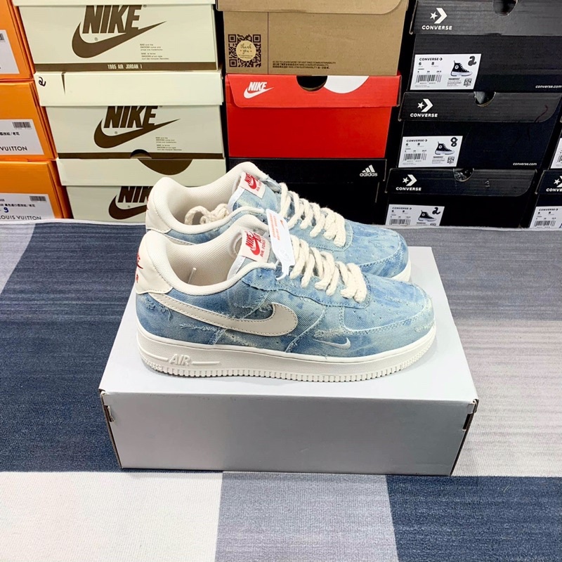 Giày thể thao sneaker af1 xanh vải bò, af1 denim tie dye xanh biển loang mẫu mới giá tốt + fullboxbill