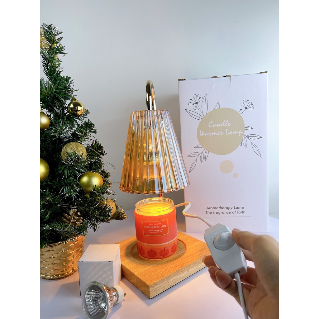 Đèn đốt nến thơm đế gỗ nón thủy tinh có chỉnh độ sáng - tặng kèm bóng