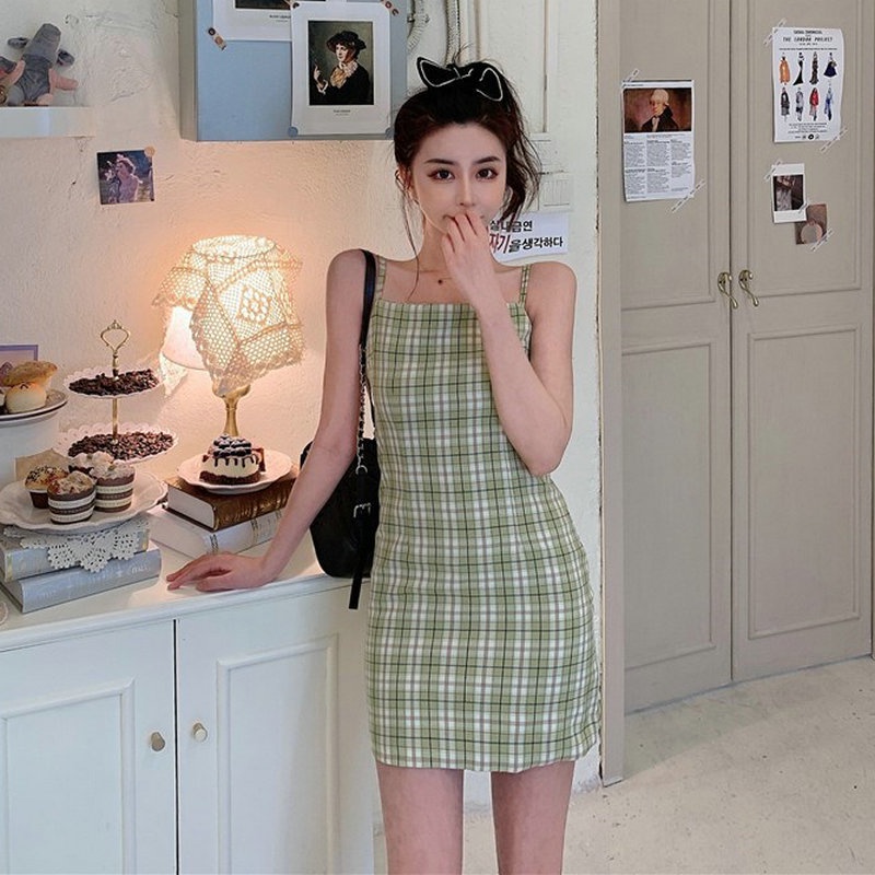 Đầm Hai Dây Họa Tiết Sọc Caro Màu Xanh Bơ Cho Nữ