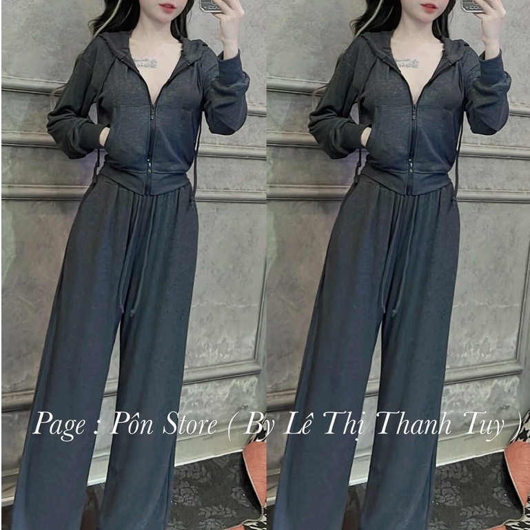 Đồ bộ nữ, set đồ bộ quần ống rộng đai cao có túi và áo khoát ôm tay dài có nón và dây kéo vải thun cotton gân dày