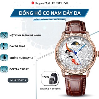  Đồng hồ cơ nam dây da  PAGINI PA6688 hoạ tiết cá chép sang trọng hợp phong thuỷ chống nước tốt 