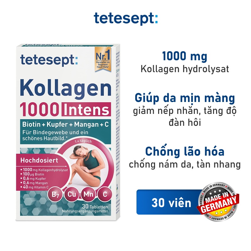 Viên uống Kollagen 1000 Intens Tetesept 30 viên, nội địa Đức, Germany, chống nhăn và nám da, shop Talabeo