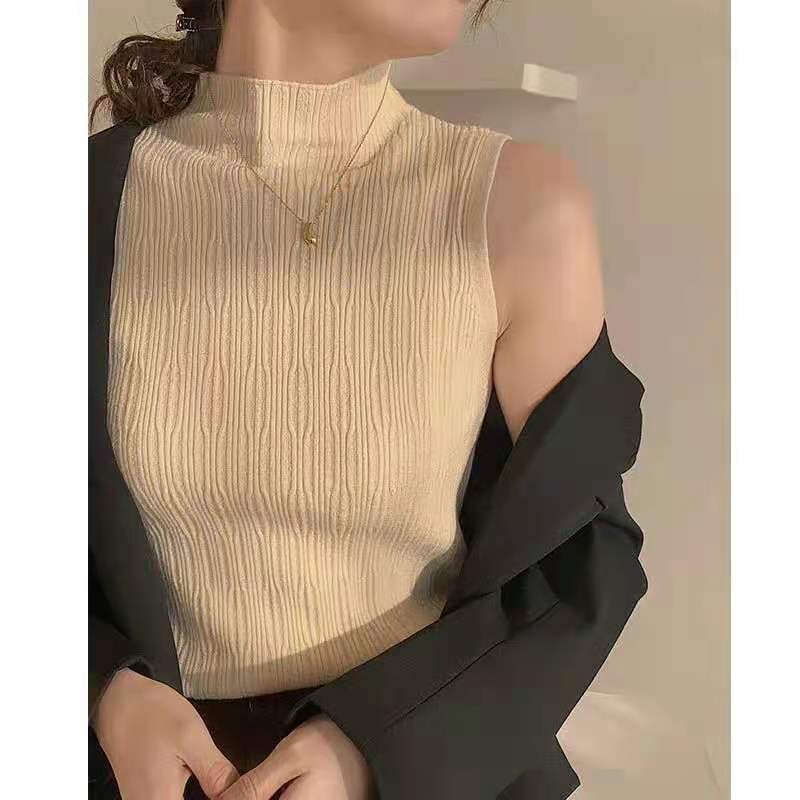 Áo Dệt Kim Sát Nách Cổ Lọ Màu Trơn Đơn Giản