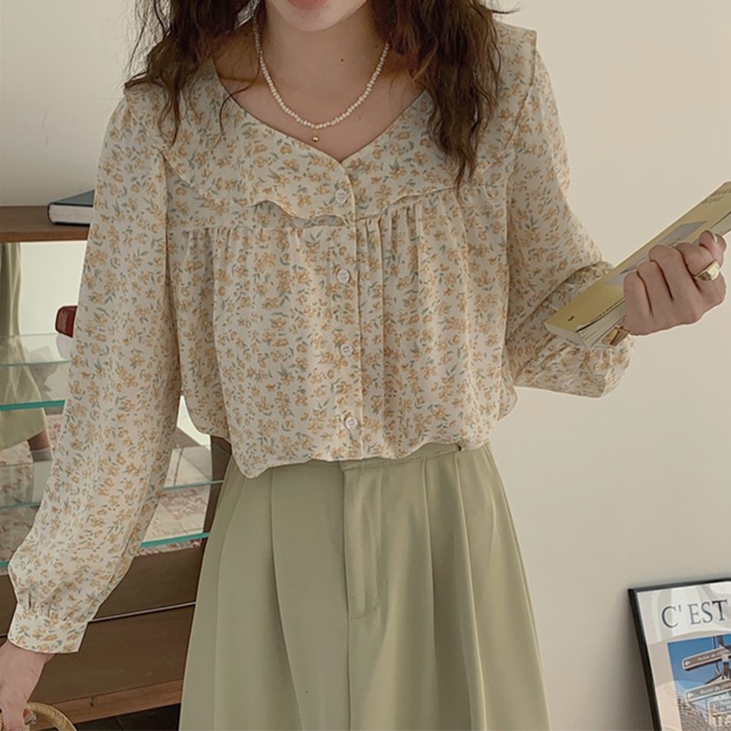 Áo sơ mi SUXI tay dài dáng rộng cổ búp bê in hoa thời trang cho nữ